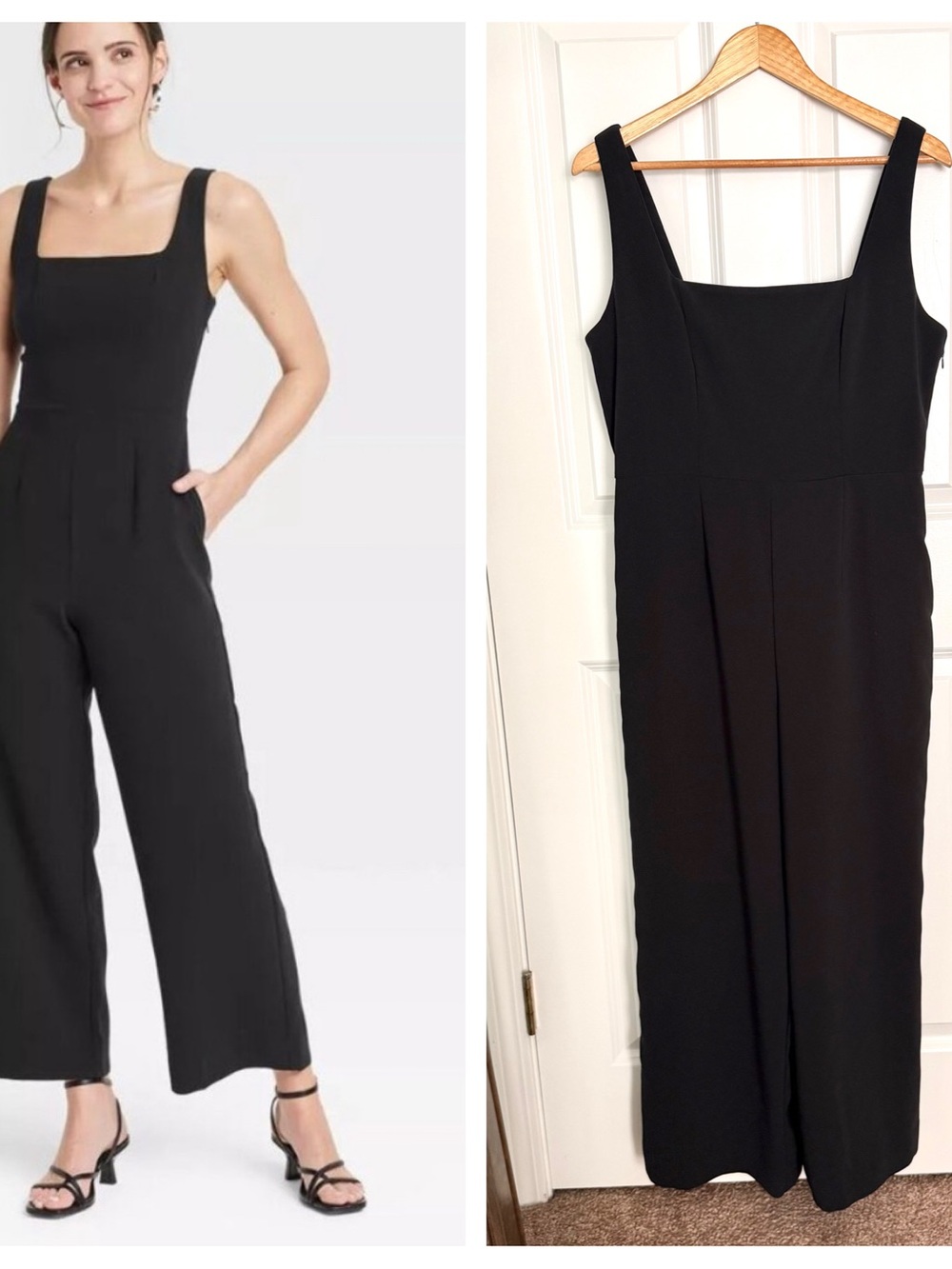 A New Day Classic Black Square-Neck Jumpsuit Ruched Back Wide Leg Size Large